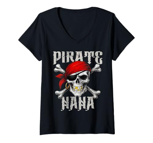 Damen Pirate Nana Jolly Roger Flagge & Totenkopf gekreuzte Knochen Halloween T-Shirt mit V-Ausschnitt Damen Pirate Nana Jolly Roger Flagge & Totenkopf gekreuzte Knochen Halloween T-Shirt mit V-Ausschnitt von Pirate Crew Skully Squad