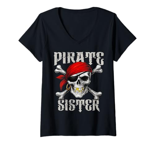 Damen Piratenschwester Jolly Roger Flagge & Totenkopf gekreuzte Knochen Halloween T-Shirt mit V-Ausschnitt Damen Piratenschwester Jolly Roger Flagge & Totenkopf gekreuzte Knochen Halloween T-Shirt mit V-Ausschnitt von Pirate Crew Skully Squad