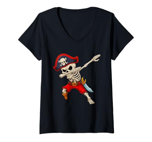 Damen Piraten-Skelett Dabbing Lustiges Halloween-Kostüm Kinder T-Shirt mit V-Ausschnitt Damen Piraten-Skelett Dabbing Lustiges Halloween-Kostüm Kinder T-Shirt mit V-Ausschnitt von Pirate Dabbing Skeleton Fun Humor