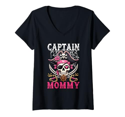 Damen Captain Mommy Halloween Skull As Pirate Floral Cute Women T-Shirt mit V-Ausschnitt von Pirate Lover Halloween Costume