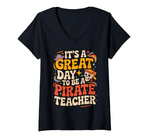 Damen Piratenlehrer-Thema für Schulpersonal, zeigt Maskottchen-Geist T-Shirt mit V-Ausschnitt von Pirate Proud School Women Men Back to School