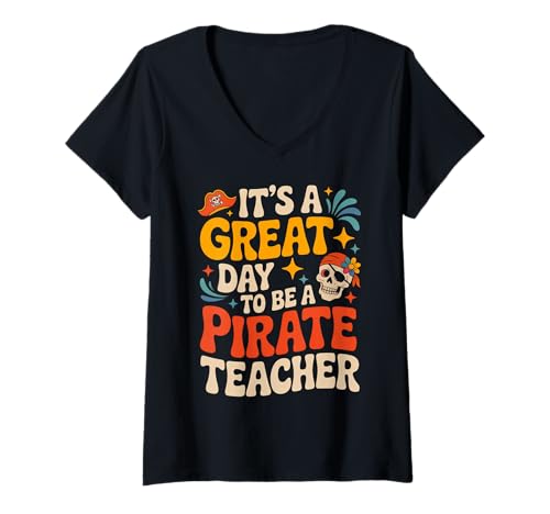 Damen Piratenlehrer-Thema für Schulpersonal, zeigt Maskottchen-Geist T-Shirt mit V-Ausschnitt von Pirate Proud School Women Men Back to School
