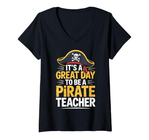 Damen Piratenlehrer-Thema für Schulpersonal, zeigt Maskottchen-Geist T-Shirt mit V-Ausschnitt von Pirate Proud School Women Men Back to School