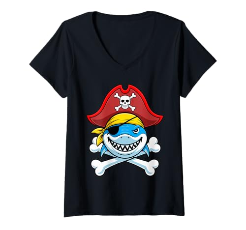 Damen Lustiger Piratenhai Halloween Crossbones T-Shirt mit V-Ausschnitt von Pirate Shark Funny Zone