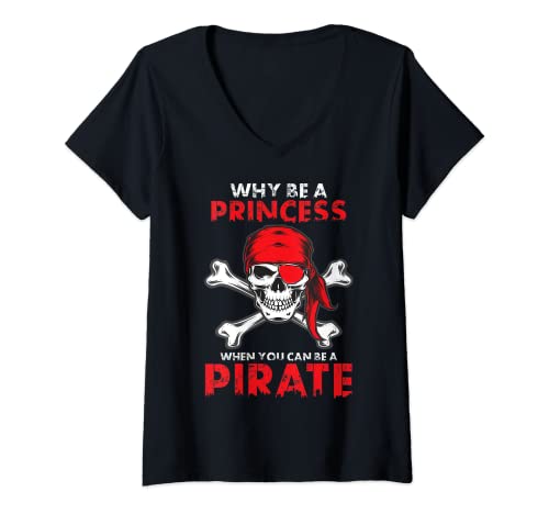 Damen Piraten-Shirt für Mädchen, Totenkopf, Augenklappe und gekreuzte Knochen T-Shirt mit V-Ausschnitt von Pirate Shirts