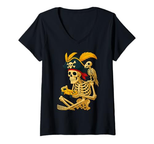 Damen Lustiges Piratenskelett mit Videospiel-Controller und Papagei T-Shirt mit V-Ausschnitt von Pirate Skeleton Gamer with Parrot Gaming Fun