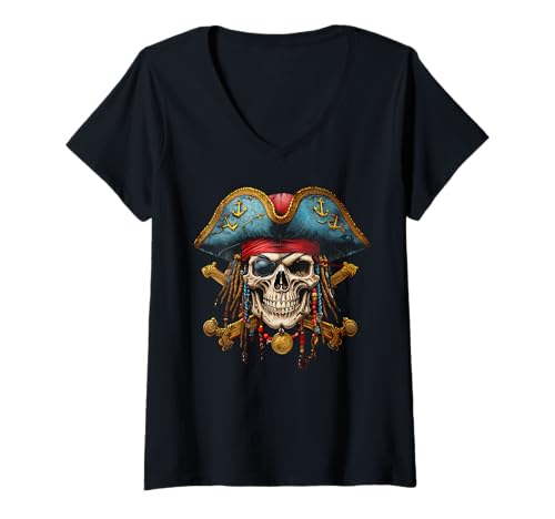 Damen Piraten-Totenkopf-Halloween-Kostüm, Herren, Damen, Jungen, Mädchen, Teenager T-Shirt mit V-Ausschnitt von Pirate Skull Halloween Costume Shirt