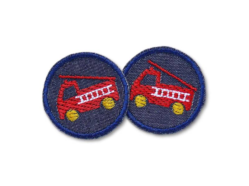 Set 2 Jeansflicken Rote Feuerwehr Auto, 4 cm, Mini Patches Gestickt, Flicken Zum Aufbügeln von Piratenbande