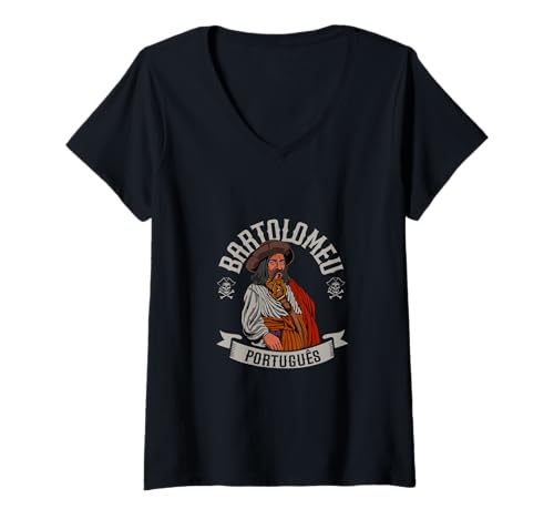 Damen Historischer Pirat - Bartolomeu Português T-Shirt mit V-Ausschnitt Damen Historischer Pirat - Bartolomeu Português T-Shirt mit V-Ausschnitt von Piratenporträt Designs