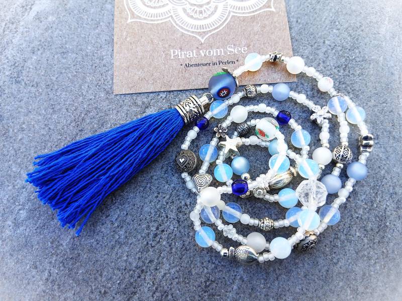 Mala Mondstein Quaste - Y Collier Glasperle Hellblau Weiss Silber Matt Jesus Blume Polaris Perle Glasblumenperle Swarowski Boho Miyuki von Ammerseeperle
