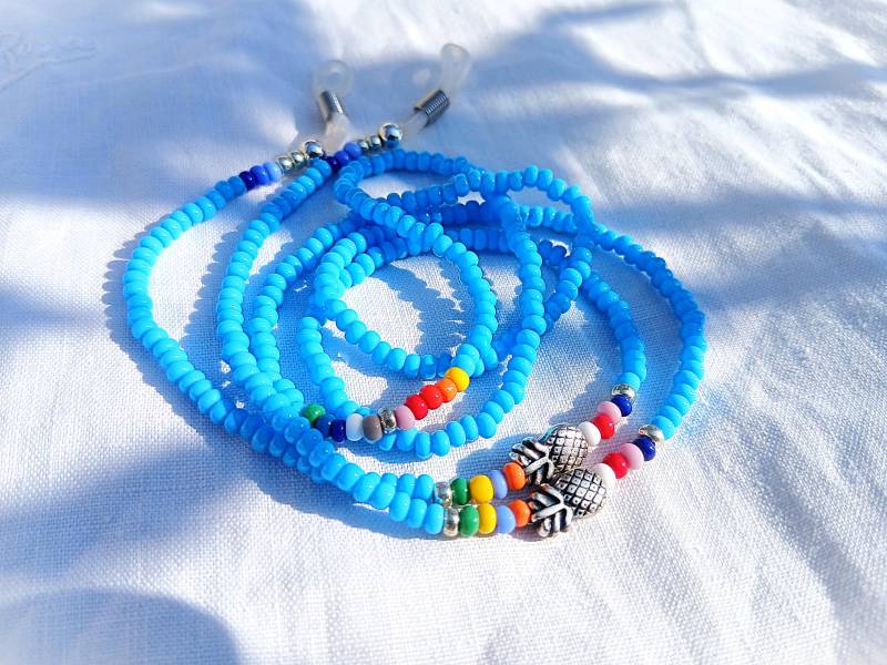 Südsee Brillenkette - Surfer Hippie Ananas Tropisch Bunt Kette Brille Türkis Silber Perlen Boho Saatperlen Miyuki Regenbogen Ethno von Ammerseeperle