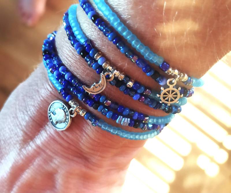 Wickelarmband - Türkis Blau Silber Gold Surfer Swarowski Strand Boho Zart Rocaille Modeschmuck Mond Palme Liberty Wickelarmband - Türkis Blau Silber Gold Surfer Swarowski Strand Boho Zart Rocaille Modeschmuck Mond Palme Liberty von Ammerseeperle