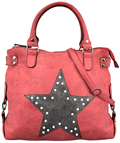 Damen FASHION Handtasche Sterne Canvas TOP TREND Tragetasche (M2 Nieten Rot/Grau) von PiriModa