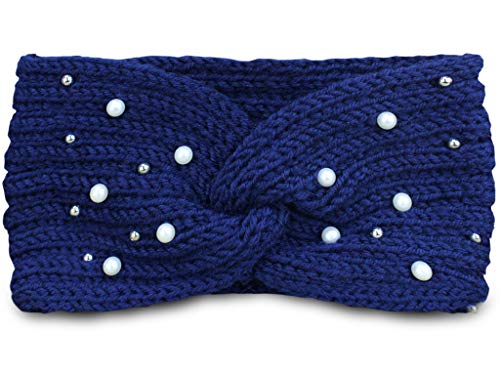 PiriModa Damen Strick Perlen Stirnband Ohrwärmer Winter Kopfband Haarband gehäkelt Dunkelblau von PiriModa
