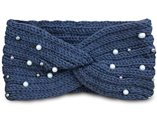 PiriModa Damen Strick Perlen Stirnband Ohrwärmer Winter Kopfband Haarband gehäkelt Dunkelgrau von PiriModa