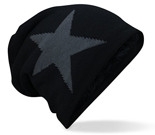 PiriModa Damen & Herren Feinstrick Mütze Unisex weiches Fleece Innenfutter (Schwarz/Grau Stern) von PiriModa