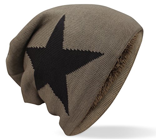 PiriModa Feinstrick Mütze Unisex weiches Fleece Innenfutter Beanie mit Flecht Muster (Beige/Braun Stern) von PiriModa