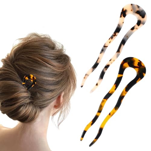 Piriuuo 2 Stück 11,7 cm U-förmige Acetat-französische Haarnadel, französische gedrehte Haarnadel, Schildkrötenmuschel, 2 Zinken, Haarknoten, Haarnadeln, dekorativ für Frauen, dickes langes Haar von Piriuuo