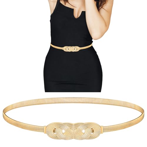 Piriuuo Damen Dünner Metallgürtel, Elastischer Glitzergürtel Goldener Gürtel Verstellbarer Metall Taillengürtel Vielseitiger goldener Taillengürtel Elastische Dünne Taille für Abendkleid Kleid Frauen von Piriuuo