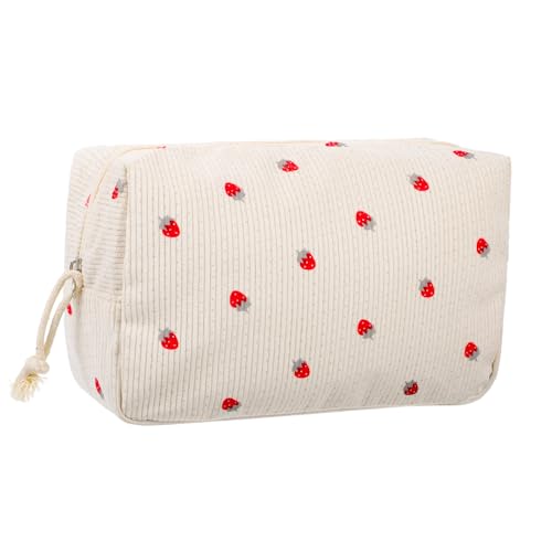Piriuuo Erdbeer-Make-up-Tasche, große Kapazität, Cord-Make-up-Tasche, Erdbeer-Kosmetiktasche mit Reißverschluss, tragbar und multifunktional, Reise-Kulturbeutel für Damen von Piriuuo