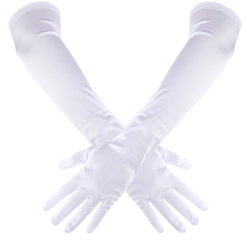 Piriuuo Lange Handschuhe, Lange Weiße Handschuhe Satinhandschuhe Abendhandschuhe Opernhandschuhe Damen Elegant Handschuhe für Halloweenkarneval Party Ball Opera Abschlussfeiern Hochzeiten von Piriuuo