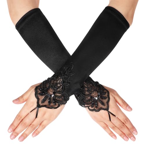 Piriuuo Lange Spitze Opernhandschuhe, Damen Satin Fingerlose Handschuhe Cosplay Handschuhe Retro Opera Handschuhe mit Fingerschlaufen 1920 Handschuhe Schwarze Spitze Handschuhe für Hochzeit, Party von Piriuuo