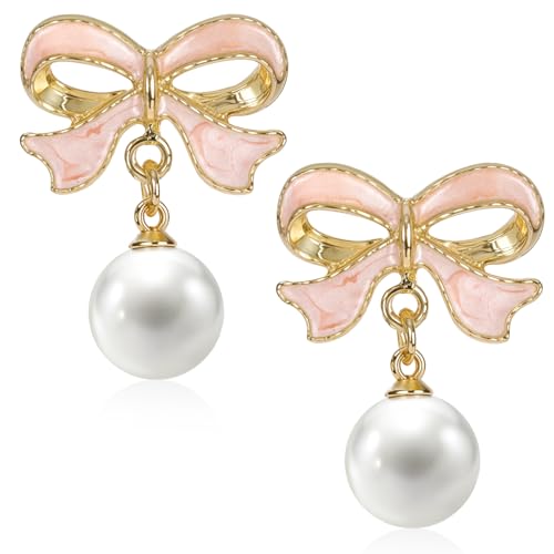 Piriuuo Schleifen Ohrringe, Bow Earrings Perlenohrringe mit Schleife für Frauen Perlenohrringe Schleife Perlen Ohrringe Süße Rosa Schleife Perlen Geschenk für Freundin Valentinstag Geburtstag Hochzeit von Piriuuo