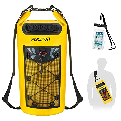 Piscifun Wasserdicht Dry Bag Rucksack Schwimm Dry Rucksack für Wassersport - Angeln Segeln Kajak Surfen Rafting Camping Geschenke für Männer und Frauen, die frei wasserdichte Schutztasche Gelb 10L von Piscifun