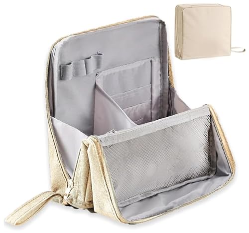 Mehrzweck-Make-up-Tasche mit großem Fassungsvermögen, Oxford-Stoff, wasserdicht, Make-up-Organizer mit Fächern, großes Fassungsvermögen, tragbare Kulturbeutel und Schreibwaren-Aufbewahrung (Beige) von AHDHMCM