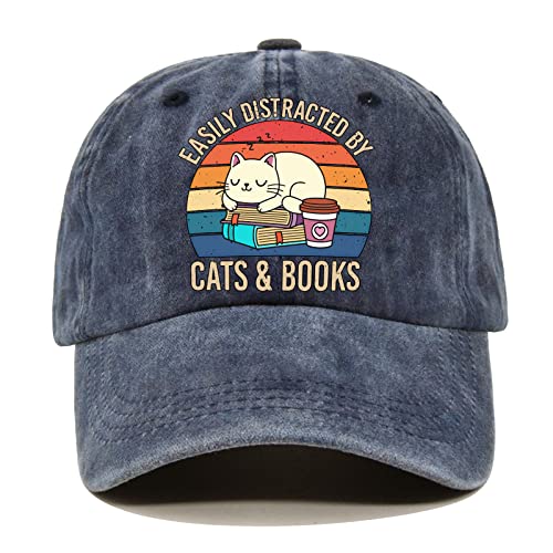 Pishovi Katzen Bücher Spaß Distressed Washed Blue Baseball Cap, Vintage Verstellbare Baumwollkappe, Lustiges Ruhestandsgeschenk für Männer und Frauen, Geschenke für Bibliothek, Blau, 7-7.25 von Pishovi