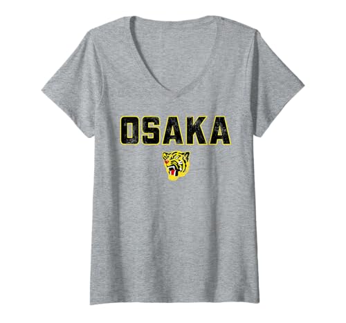 Damen Osaka Tigers Vintage japanischer Baseball (Schwarz) T-Shirt mit V-Ausschnitt von Piss & Vinegar