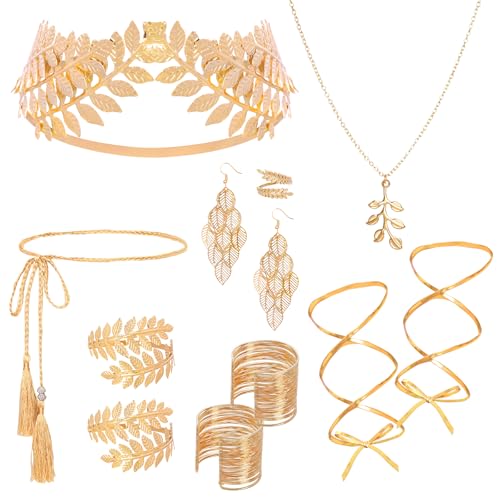 Pistha 11 Stück griechische Göttin Kostüm Zubehör für Frauen Goldenes Blatt Krone Armmanschette Armbänder Blatt Ring Ohrringe Halskette Taillengürtel für Halloween von Pistha