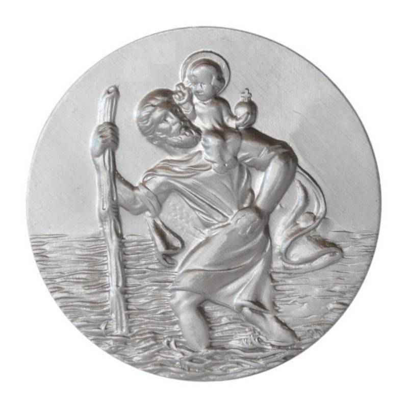PistolaPeppers Amulett Heiliger St. Sankt Christophorus Christopherus 3D Plakette 42 mm, Reliefgeprägter Schutzpatron St. Christophorus mit Jesuskind Abbildung von PistolaPeppers