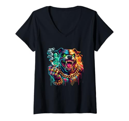 Damen Buntes Pitbull-Grafik, Straßenkunst, Hunde-Design T-Shirt mit V-Ausschnitt von Pit Bull Street Art Urban Style Clothing