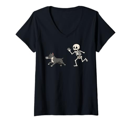 Damen Pitbull Skelett Hand Halloween T-Shirt mit V-Ausschnitt von Pitbull Halloweenkostüm Lustig