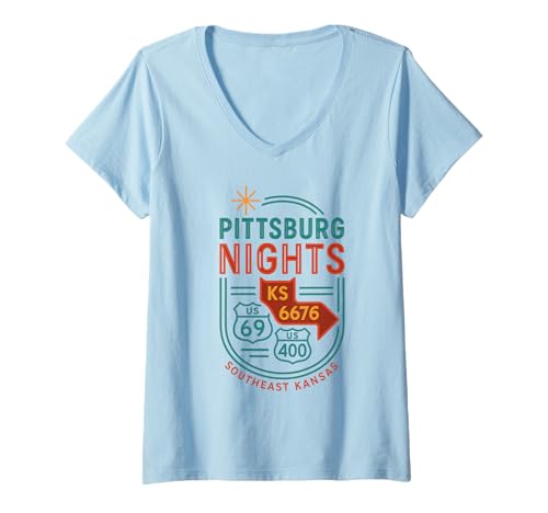 Damen Pittsburg Nachtshirt Retro KS 6676 US 69 400 Road Graphic T-Shirt mit V-Ausschnitt von Pittsburg Nights Tee Shirts for Southeast Kansas