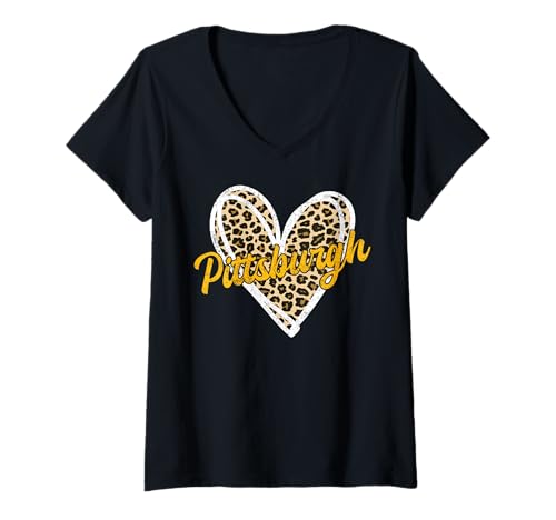Damen Pittsburgh Herz Leopard Frau Mädchen Frauen Kinder T-Shirt mit V-Ausschnitt von Pittsburgh Name Retro Vintage Men Women Kids Funny