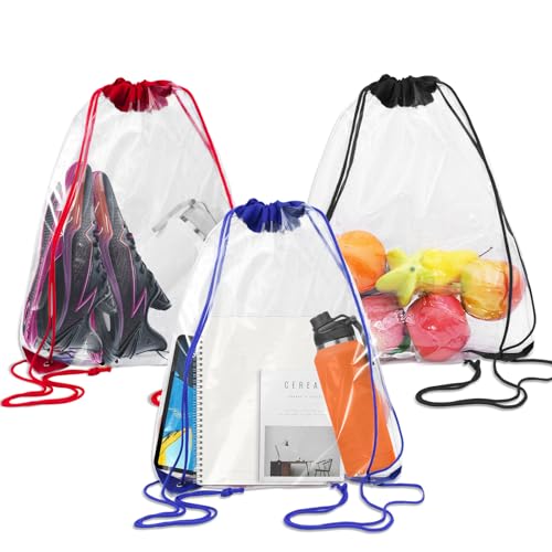 Piuluvor® 3 Stück Durchsichtiger Rucksack Transparent Turnbeutel Wasserdicht Drawstring Cag PVC Clear Bag Festival Transparente Tasche Klein mit Kordelzug Unisex (34 × 45cm) von Piuluvor