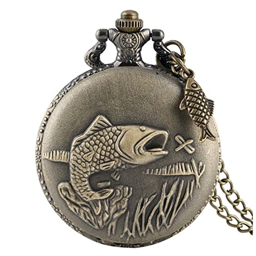 PiurUf Taschenuhr Vivid Angeln Carving Design Quarz Taschenuhr Vintage Bronze Interessantes Design Angeln Uhr for Männer Frauen + Fisch Zubehör Taschenuhr Handaufzug (Size : with Fishtail 01) von PiurUf