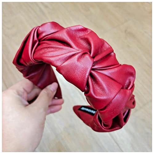 Stirnband Damen Mode Frauen Haarschmuck Weit Seite Plissee Künstliche Leder Stirnband Lässig Massives Haarband Erwachsene Headwear Stirnband (Size : Red hairband) von PiurUf