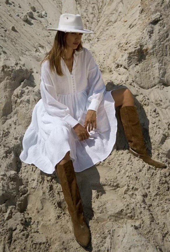 Weiß Musselin Kleid, Boho Langarm Sommerkleid von PiureStore