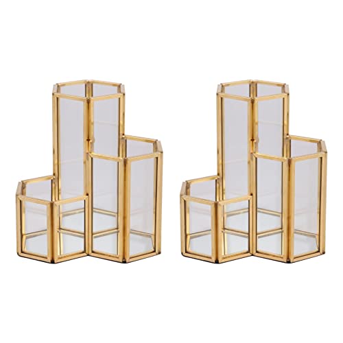 Piuusngy 2X Glas Kupfer Hexagon Composite Stift Halter Make-Up Pinsel Glas Box Multifunktional Desktop Organizer Büro ZubehöR von Piuusngy