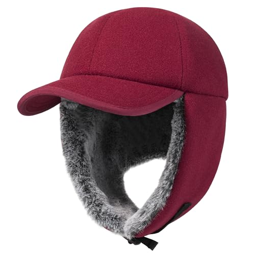 PivotWing Wintermütze Herren Winter Basecap mit Ohrenklappen Herren Damen Fellmütze Mütze mit Ohrenschutz Ohren Warme Fliegermütze Winter Baseball Cap Ushanka Russische, Burgunderrot von PivotWing