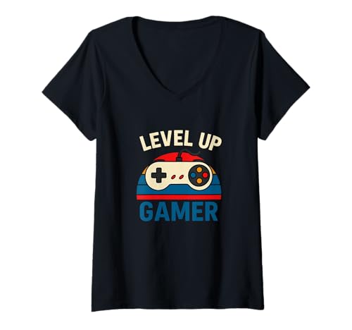 Damen Level Up Gamer Retro Controller Lustige Gaming Grafik T-Shirt mit V-Ausschnitt von Pixel Brawlers Gaming Apparel