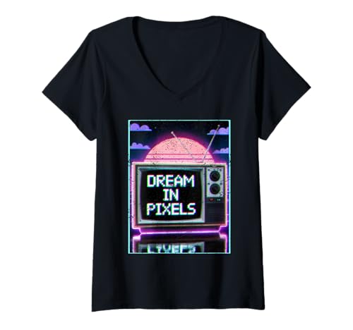Damen Retro CRT-Traum-Traum im Pixel-Vaporwave-Stil T-Shirt mit V-Ausschnitt Damen Retro CRT-Traum-Traum im Pixel-Vaporwave-Stil T-Shirt mit V-Ausschnitt von Pixel Dreams Apparel