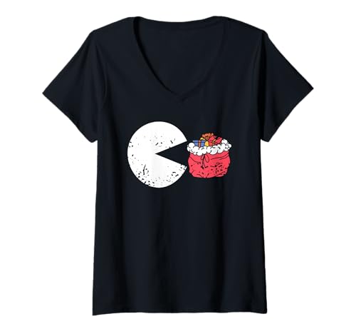 Damen Retro-Fresser isst Weihnachtsmannsack Meme T-Shirt mit V-Ausschnitt Damen Retro-Fresser isst Weihnachtsmannsack Meme T-Shirt mit V-Ausschnitt von Pixel-Game-Weihnachtshumor Retro-Fun
