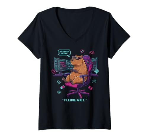 Damen Capybara Loading Please Wait Funny Gamer Chair Setup T-Shirt mit V-Ausschnitt Damen Capybara Loading Please Wait Funny Gamer Chair Setup T-Shirt mit V-Ausschnitt von Pixel Gamer Capybara Setup Designs
