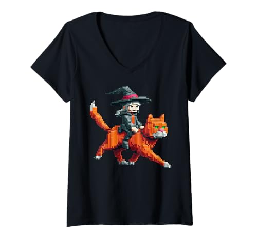 Damen Hexe reitende Katze Pixelated Gaming Art Design Blocky Style T-Shirt mit V-Ausschnitt Damen Hexe reitende Katze Pixelated Gaming Art Design Blocky Style T-Shirt mit V-Ausschnitt von Pixel Gamer Character Witch Riding Cat Video Games