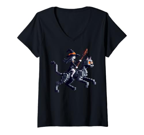 Damen Hexe reitende Katze Pixelated Gaming Art Design Blocky Style T-Shirt mit V-Ausschnitt Damen Hexe reitende Katze Pixelated Gaming Art Design Blocky Style T-Shirt mit V-Ausschnitt von Pixel Gamer Character Witch Riding Cat Video Games