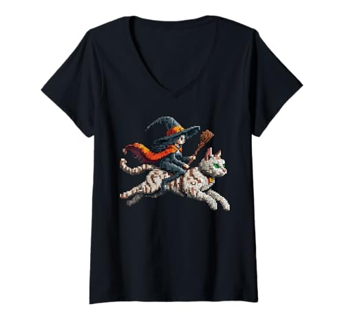 Damen Hexe reitende Katze Pixelated Gaming Art Design Blocky Style T-Shirt mit V-Ausschnitt Damen Hexe reitende Katze Pixelated Gaming Art Design Blocky Style T-Shirt mit V-Ausschnitt von Pixel Gamer Character Witch Riding Cat Video Games